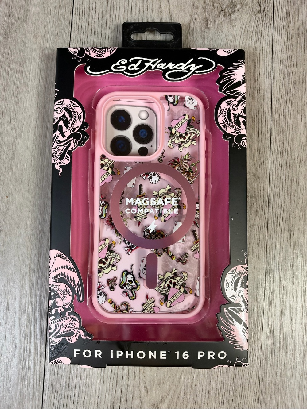 Ed Hardy MagSafe Case for iPhone 16 Pro Pink Skull Pattern 360° Edge Protect New